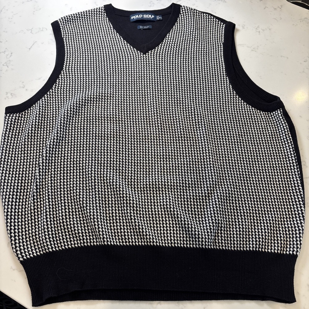 Ralph Lauren Polo Golf Sweater Vest Cotton Houndstooth‎ Black White Grandpa XL